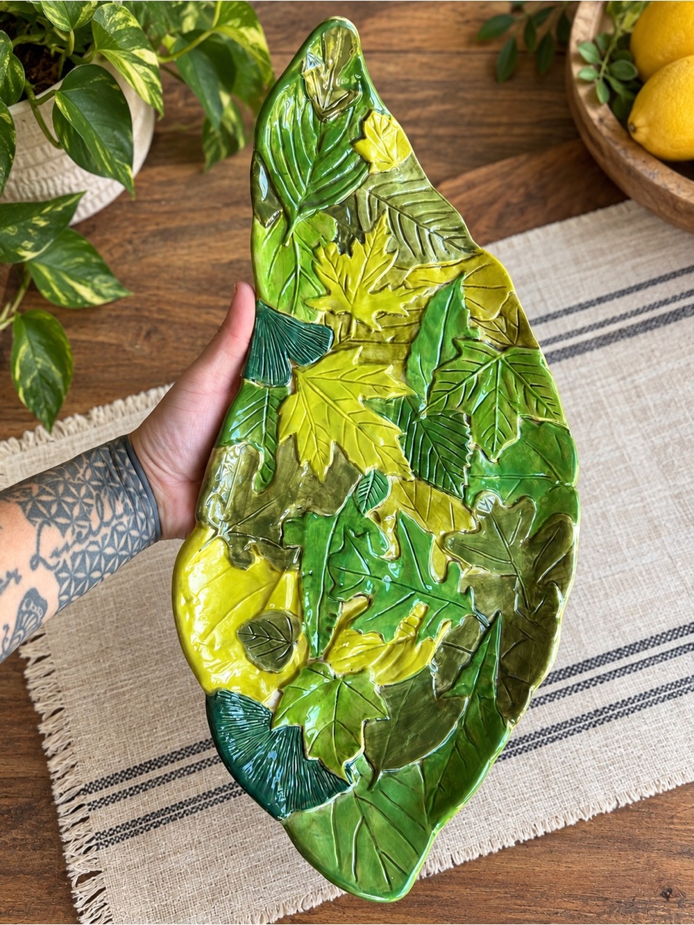 Vintage Cherrylion Leaf Platter 16" Ceramic Green Yellow Glazed Botanical Tray